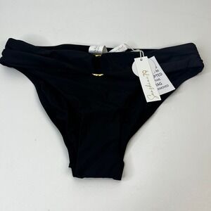 Sunshine 79 Black Ruched Gold Ring Bikini Bottom Swimsuit Size 4 MSRP $92